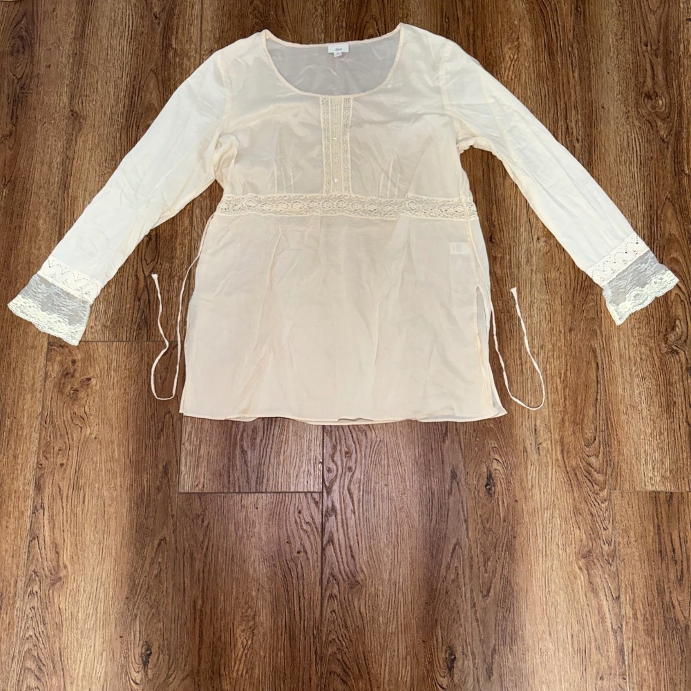 J Jill Cream Cotton Crochet Lace Trim Tunic Blouse Womens M cottage romantic top